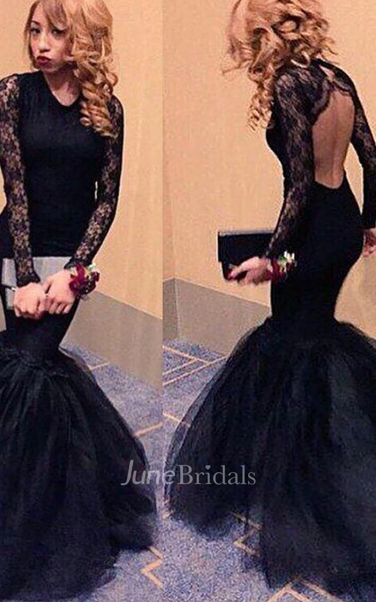 Sexy Black Lace Long Sleeve Prom Dresses Mermaid Open Back Evening Party Gowns