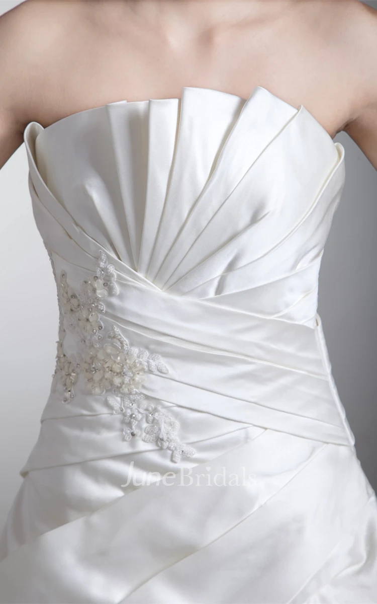 strapless a-line ball ruched gown with corset back and appliques
