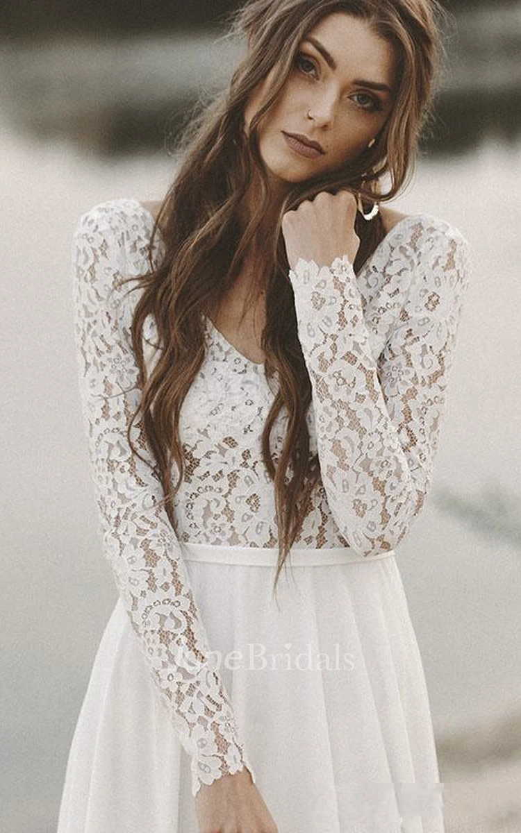 Simple V-neck A-line Long Sleeves Wedding Dress with Lace