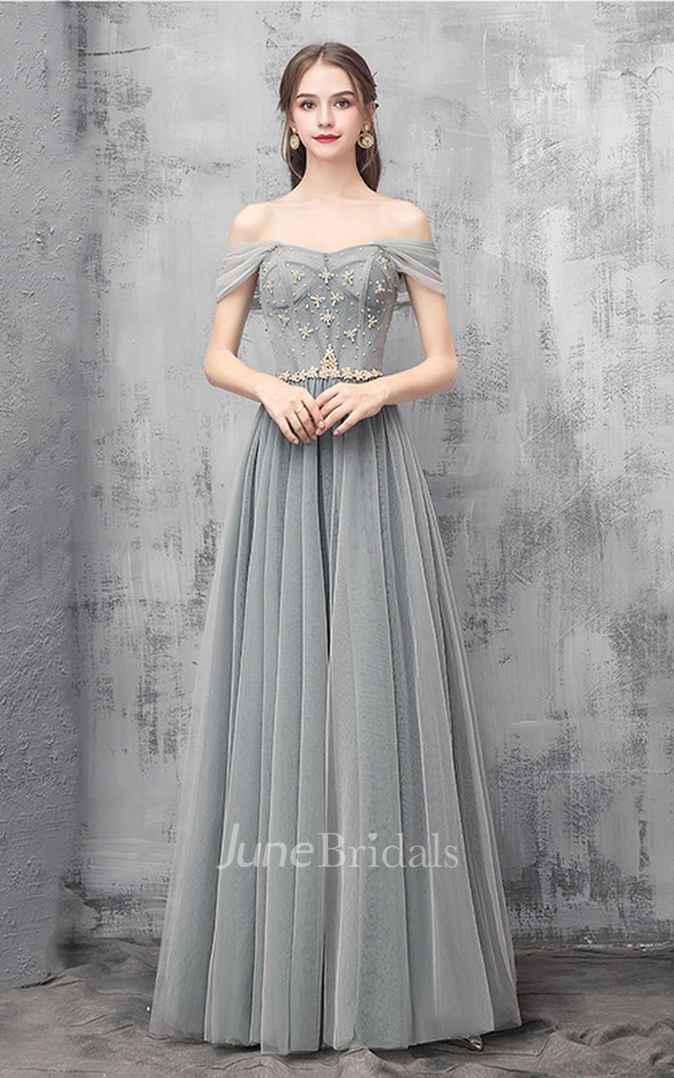Ethereal Tulle Off-the-shoulder Sweetheart V-neck A Line Prom Dress With Appliques
