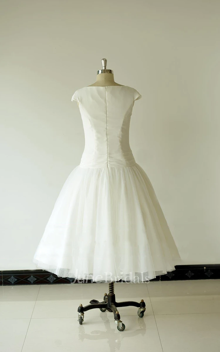 Ball Gown Tea-Length Cap Sleeve Chiffon Tulle Lace Dress