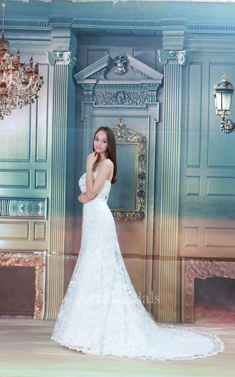 strapless sheath lace dress with brush train and rhinestone