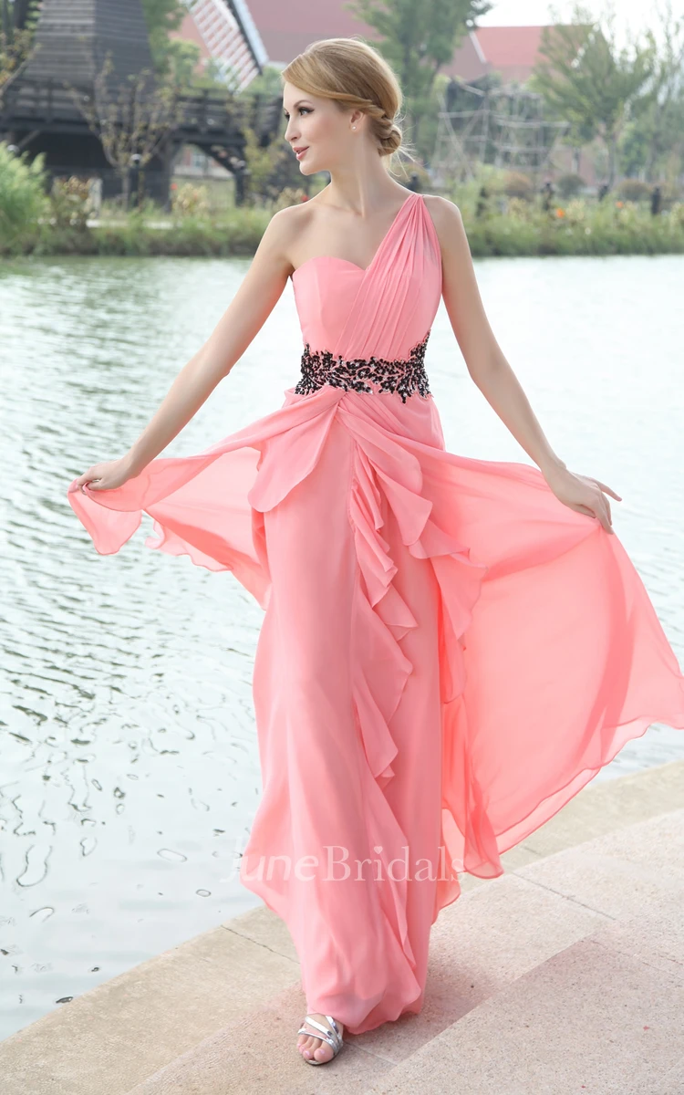 Asymmetrical One-Shoulder Dress With Draping And Beaded Waistband