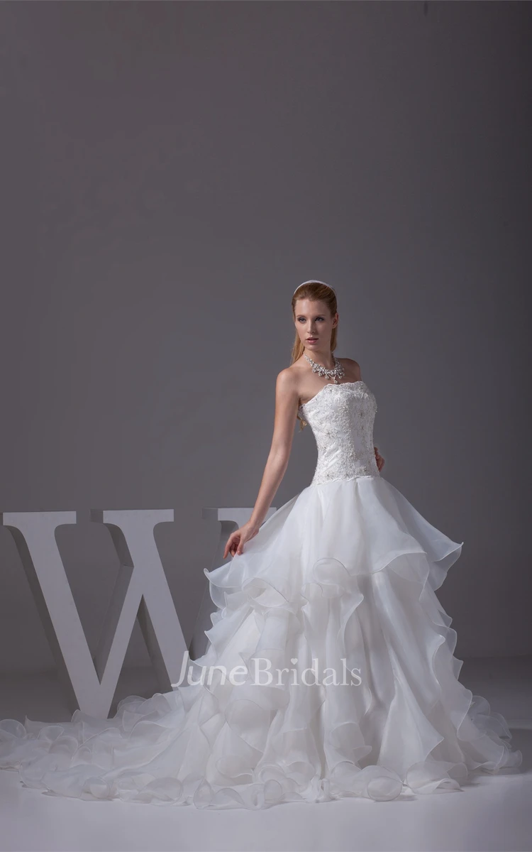 Strapless Ruffled Ball Gown with Appliques and Rhinestone