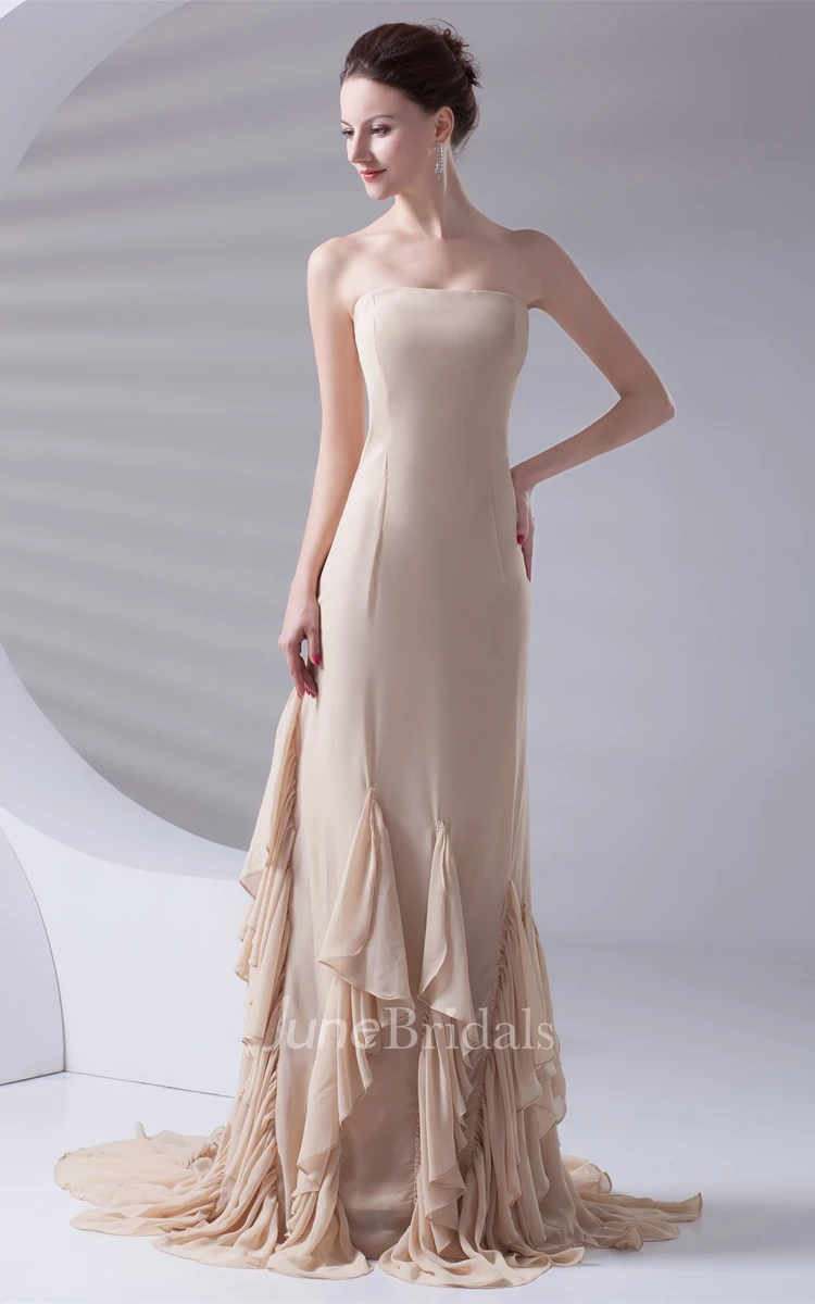 strapless maxi chiffon dress with sweep train and cascading ruffles