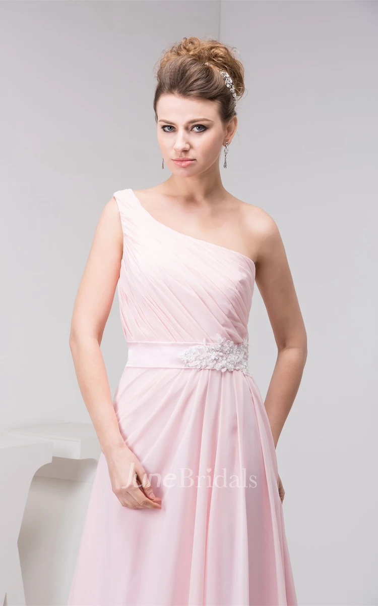 Pastel One-Shoulder Chiffon Gown with Ruching and Appliques
