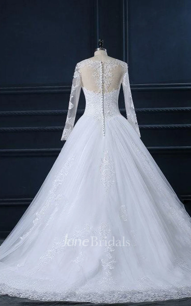 High Neck Long Sleeve Cathedral Train Tulle Lace Dress With Button