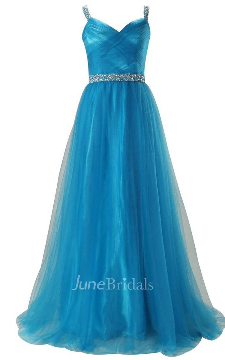 Sleeveless A-line Tulle Gown With Sequined Waistline
