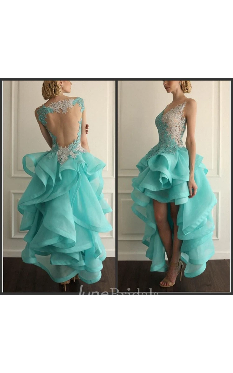 Sexy Hi-Lo Sleeveless Prom Dress With Appliques Ruffles