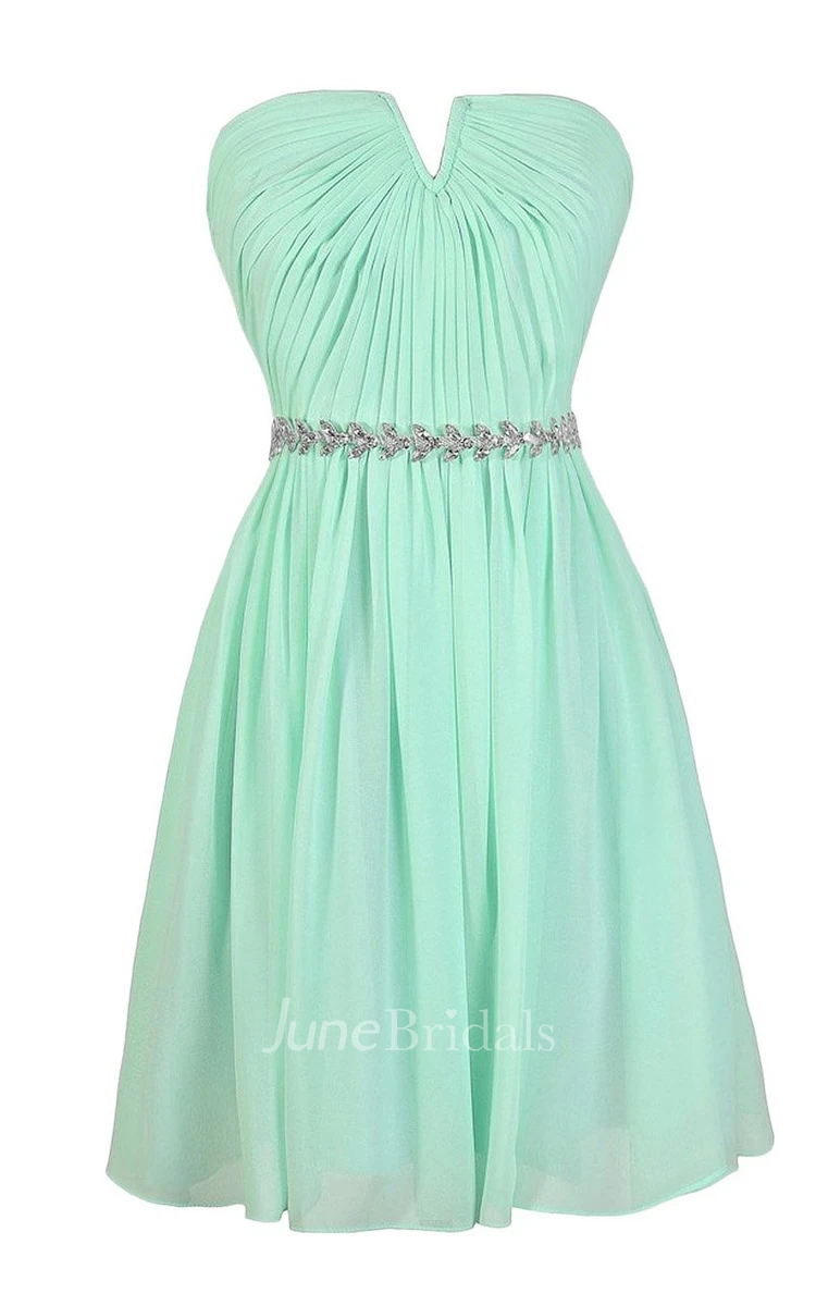 Strapless Pleated Chiffon Short Dress With Beaded Band