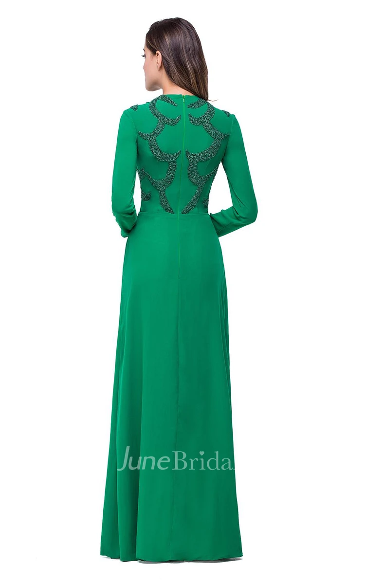 Elegant Green Long Sleeve Beadings Evening Dress Long Chiffon Party Gowns