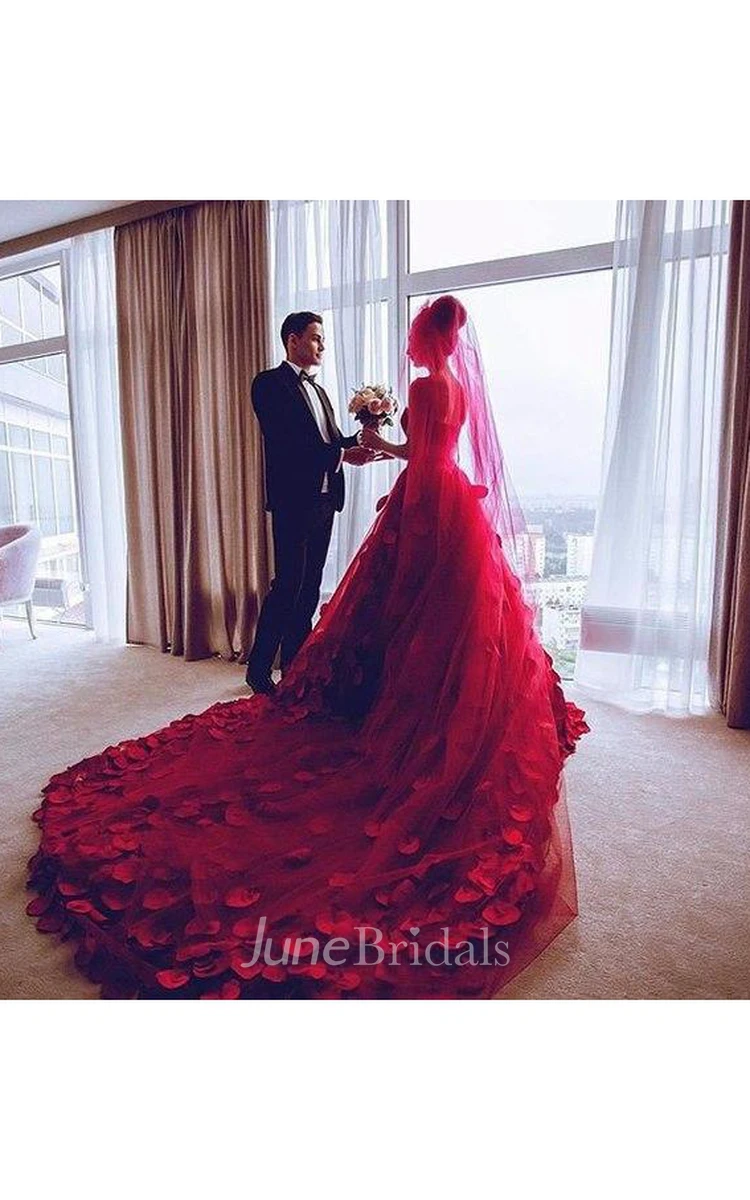 Newest Red Tulle Princess Wedding Dress Flowers Court Train