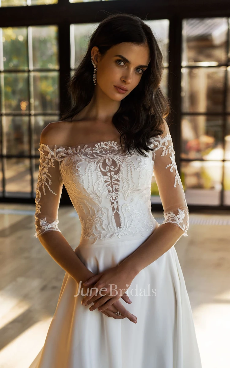 Simple Satin and Lace Off-the-shoulder A Line Sweep Train Wedding Dress