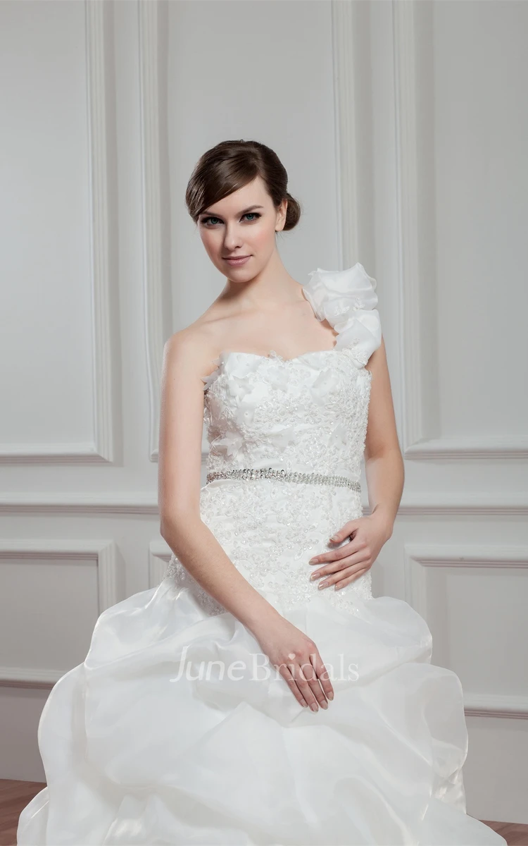 One-Shoulder Pick-Up Ball Gown with Appliques and Gemmed Waist