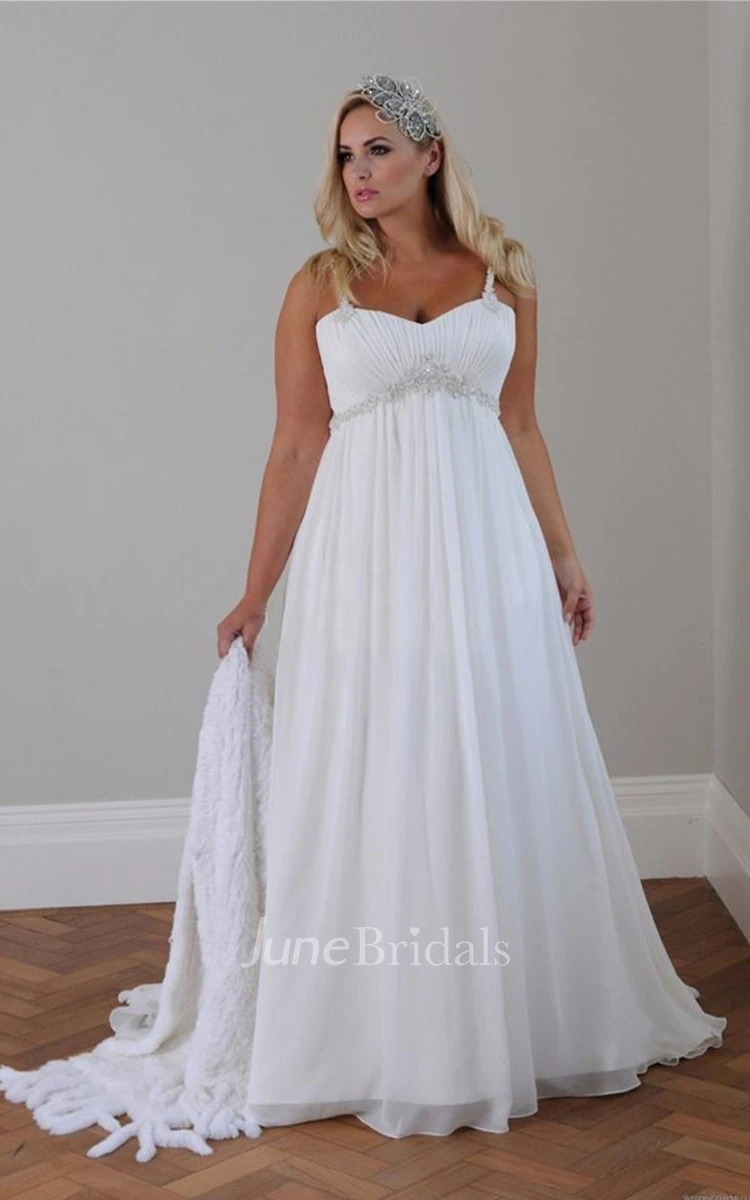 Plus Size Spaghetti Strap Crystal Beaded Chiffon Beach Wedding Gown