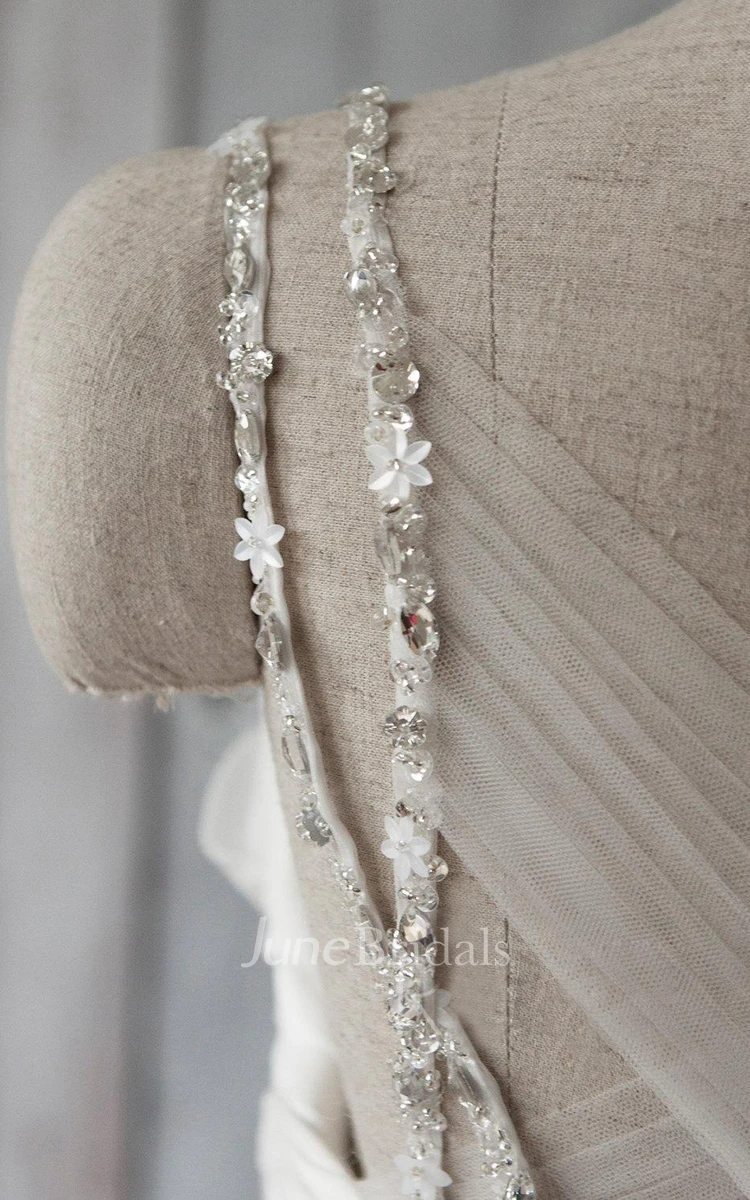 Spaghetti Strap Long A-Line Chiffon Wedding Dress With Crystal Beaded Sash