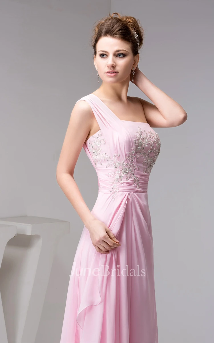 One-Shoulder Chiffon Draped Gown with Appliques and Beading