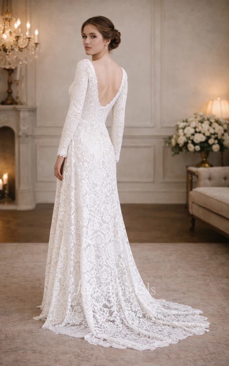 Modest Long Sleeves Civil Wedding Dress Vintage Sheath A-line Lace Bridal Gown