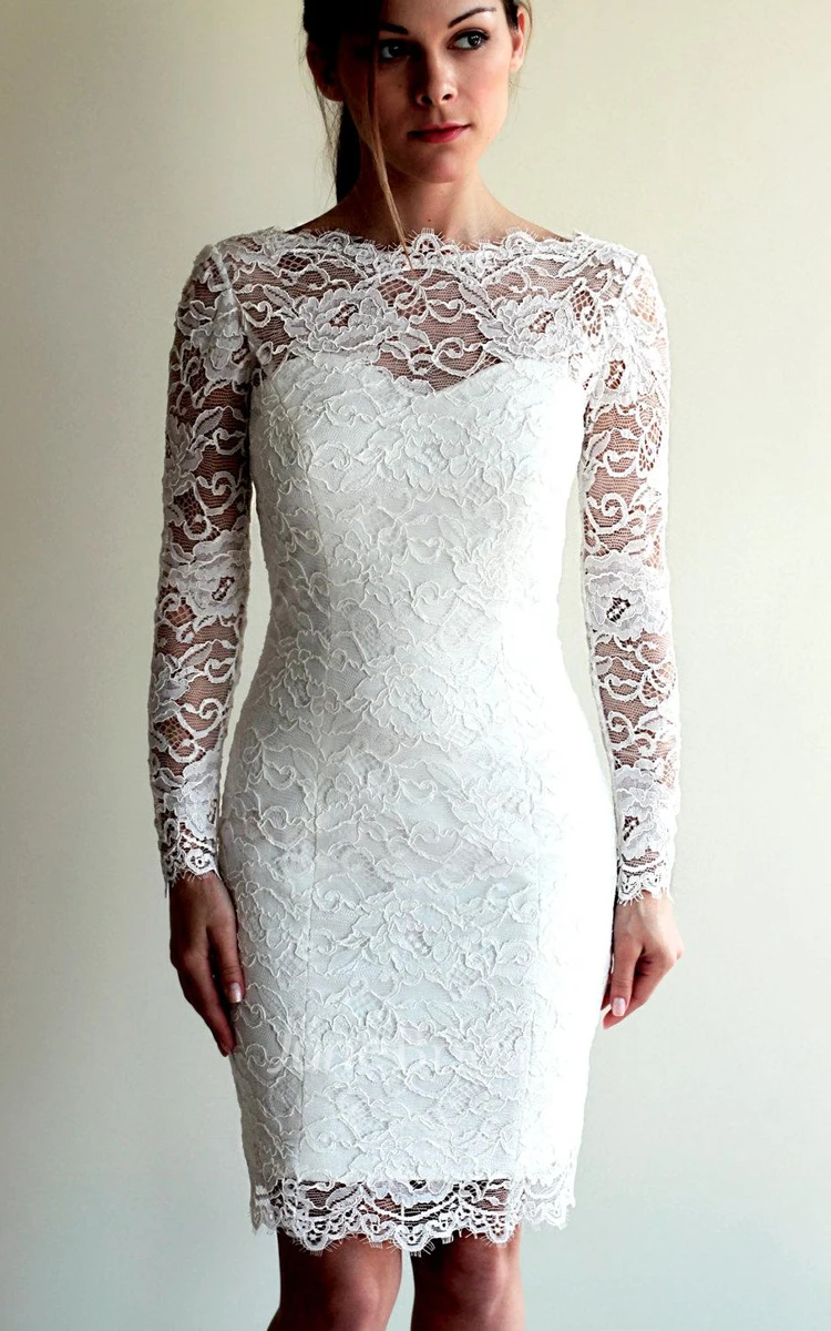 Summer Short Boho Sleeved Lace Mini Wedding Dress Vintage Illusion Neckline Sheath Bridal Gown with V-Back