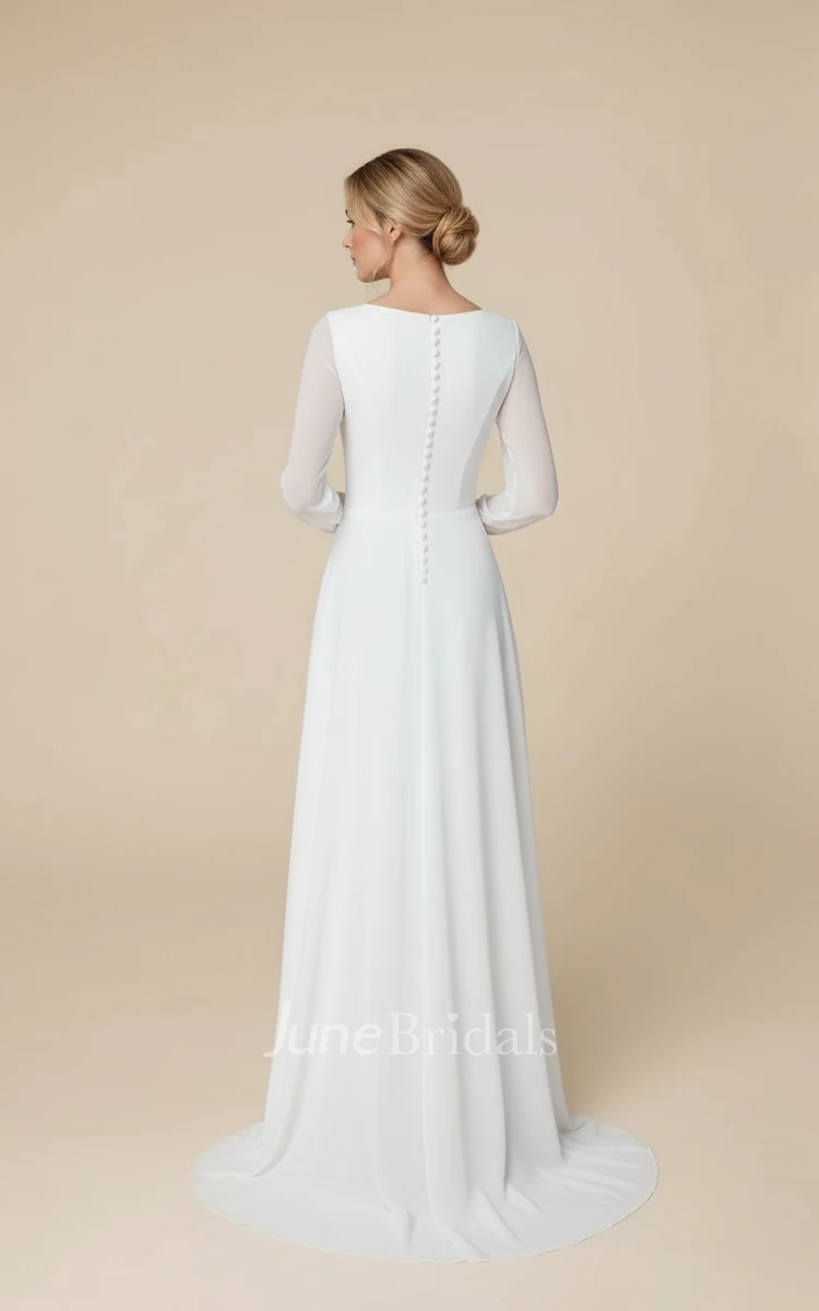 Modest Long Sleeve Jewel Neck Wedding Dress Simple A-Line Chiffon Bridal Gown