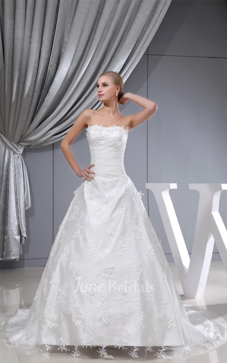 Long Strapless A-Line Lace Gown with Tulle Overlay and Cinched Waistband
