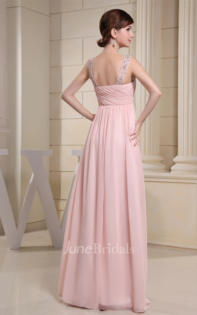 Strapped Chiffon Empire Dress with Pleats and Crystal Detailing