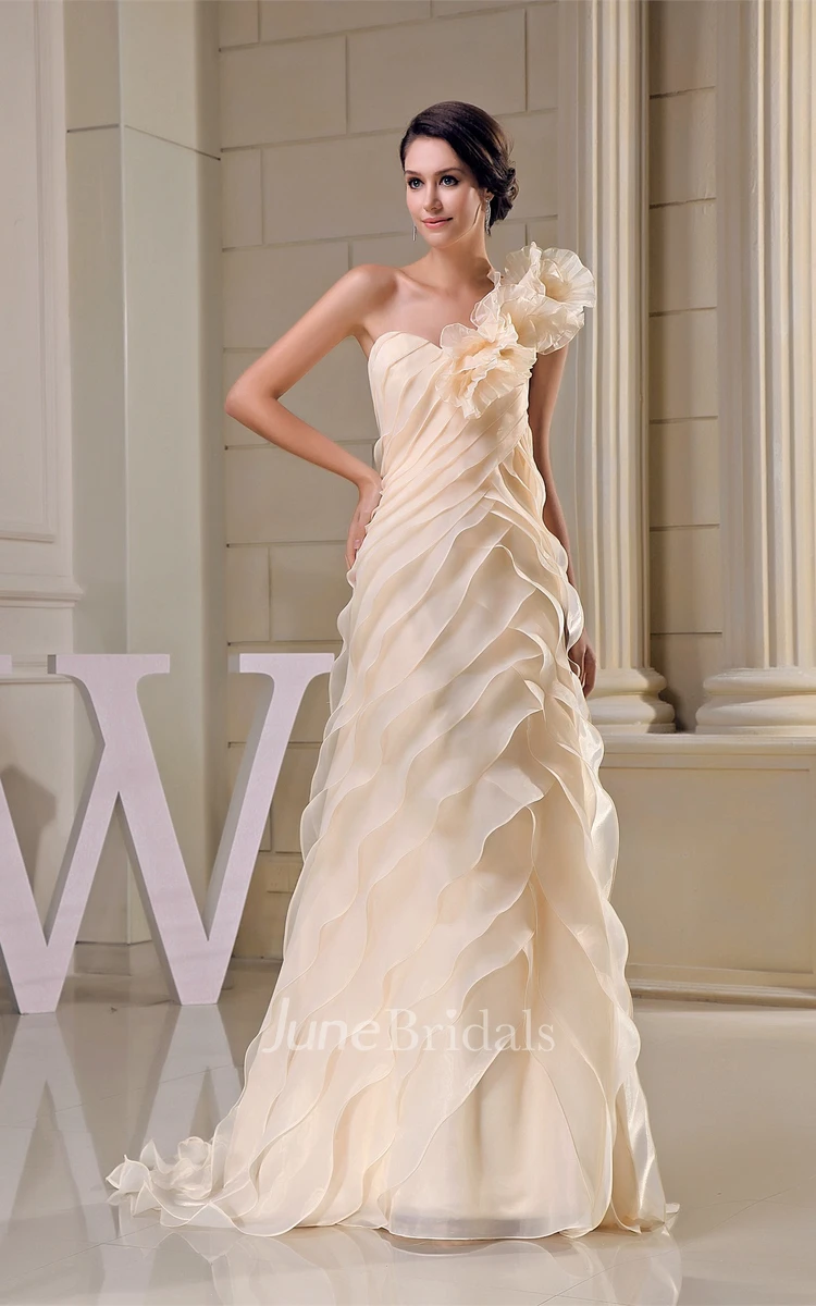 Flowered One-Shoulder A-Line Gown with Ruffles and Zipper Back