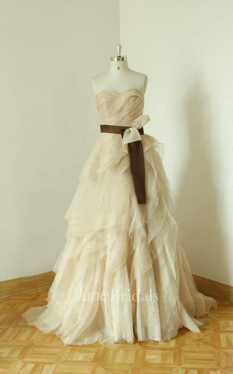 Sweetheart Lace-Up Back Long Chiffon Wedding Dress With Sash And Ruffles
