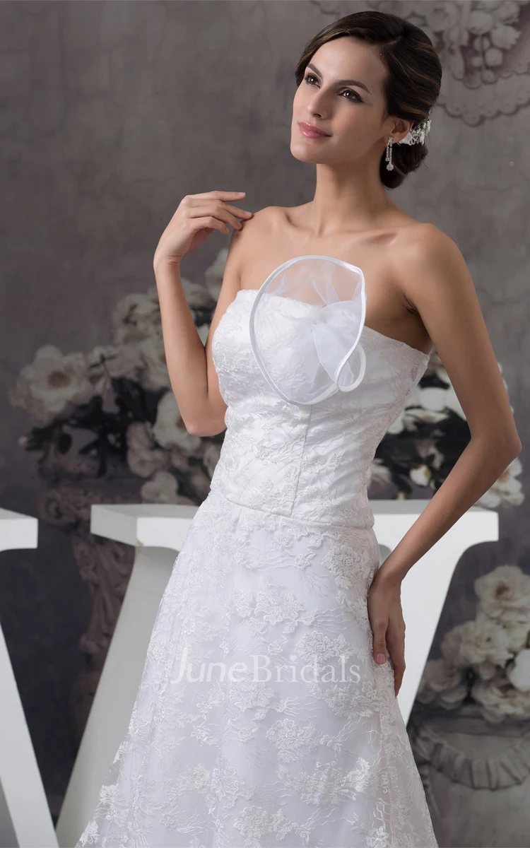 Strapless Ruched A-Line Gown with Appliques and Flower