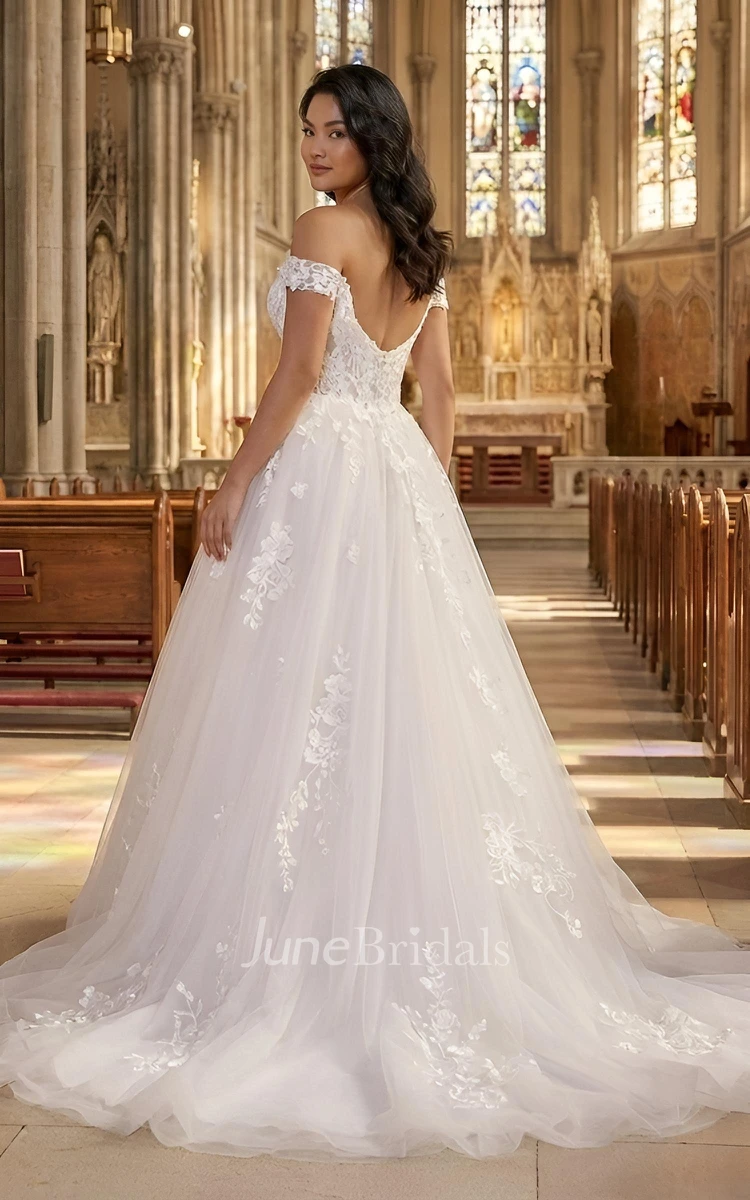 Plus Size Lace A-Line Wedding Dress Off-The-Shoulder Tulle Ball Gown with Court Train