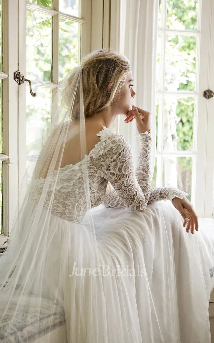 Bohemian A-line Ethereal Open Back Illusion Lace Long Sleeve Jewel Tulle Dress