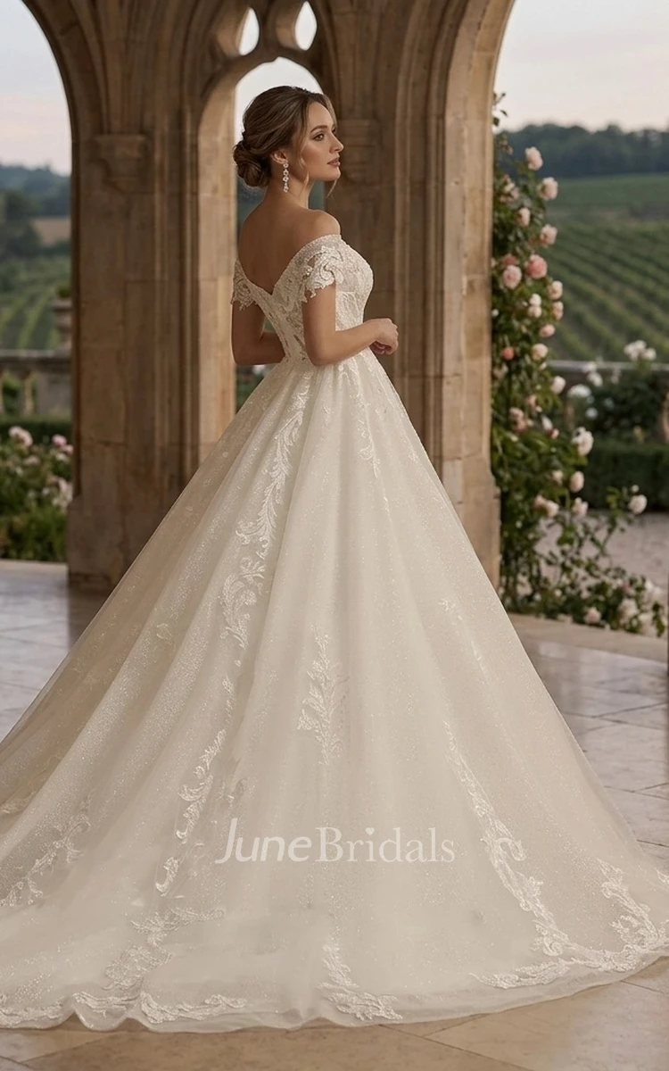 Sexy Floral Princess A-Line Boho Lace Off-the-Shoulder Ball Gown Spring Wedding Dress Charming Ethereal Sparkling Sequins Tied Back Bridal Gown