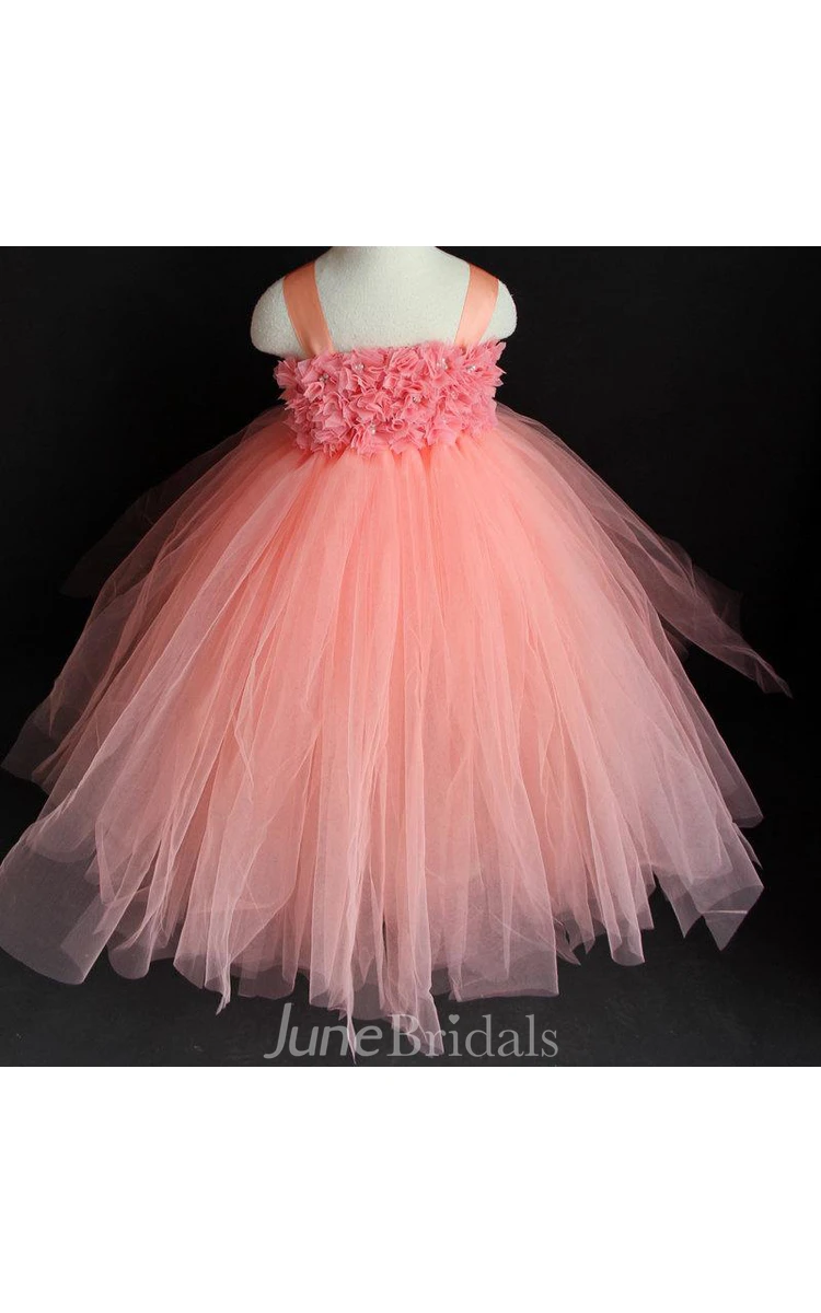 Spaghetti Strap Flower Chest Ruffled Pleated Tulle Gown With Bow Sash
