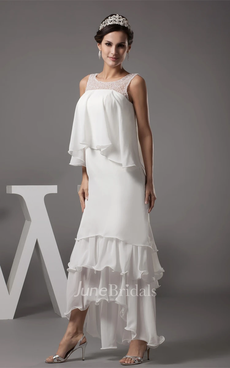 Sleeveless Chiffon Tiered High-Low Dress with Illusion Neckline