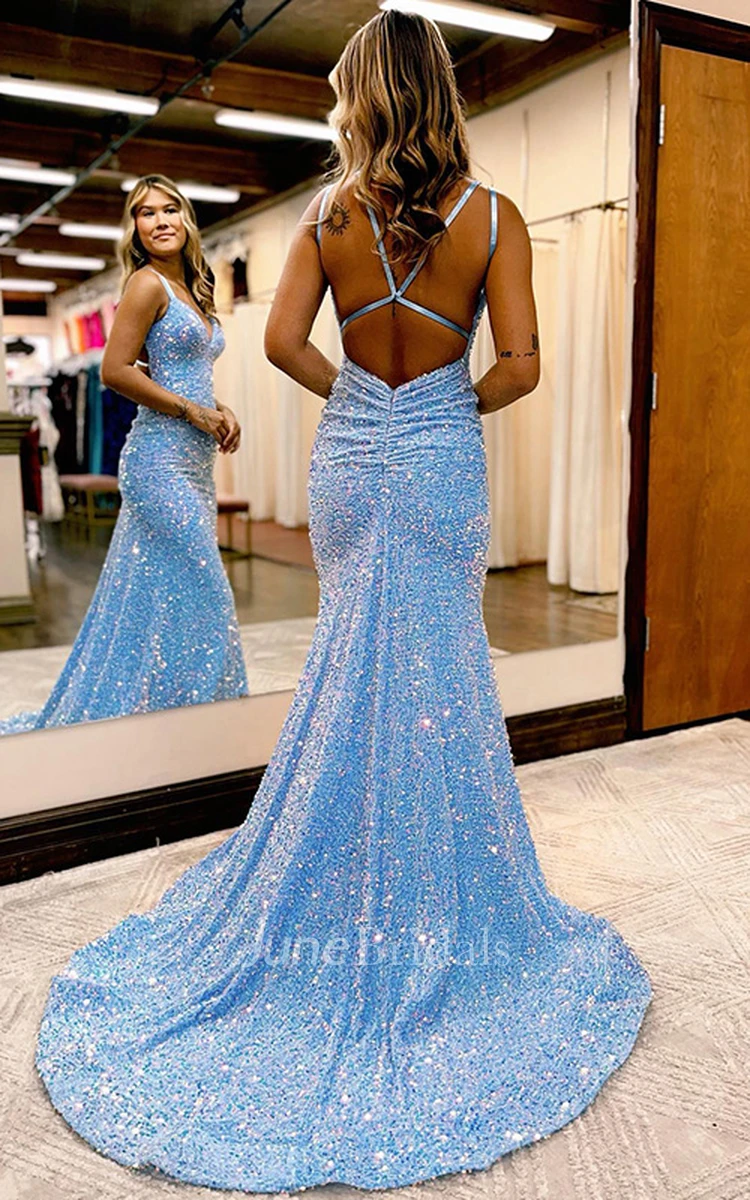 Mermaid Sequins Spaghetti V-neck Garden Evening Dress Simple Casual Sexy Romantic Adorable With Tied Back And And Sleeveless