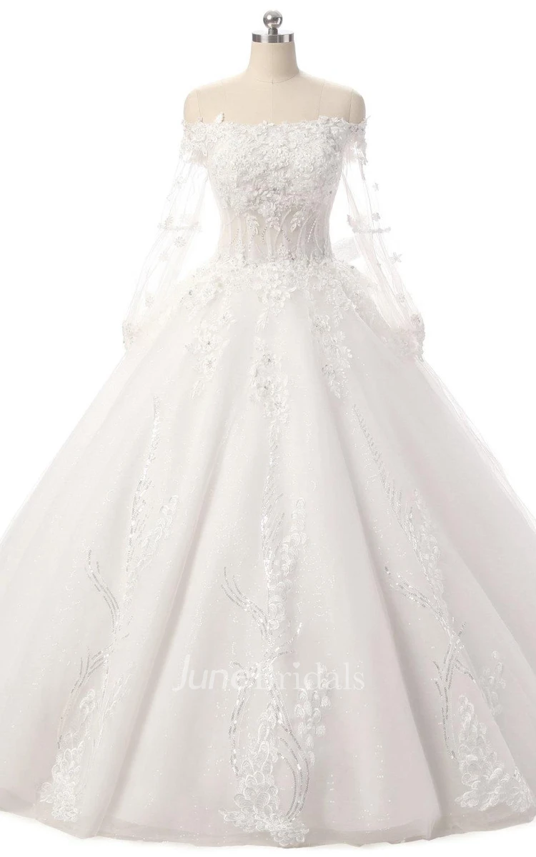 Ball Gown Illusion Long Sleeve Off-The-Shoulder Dress With Appliques