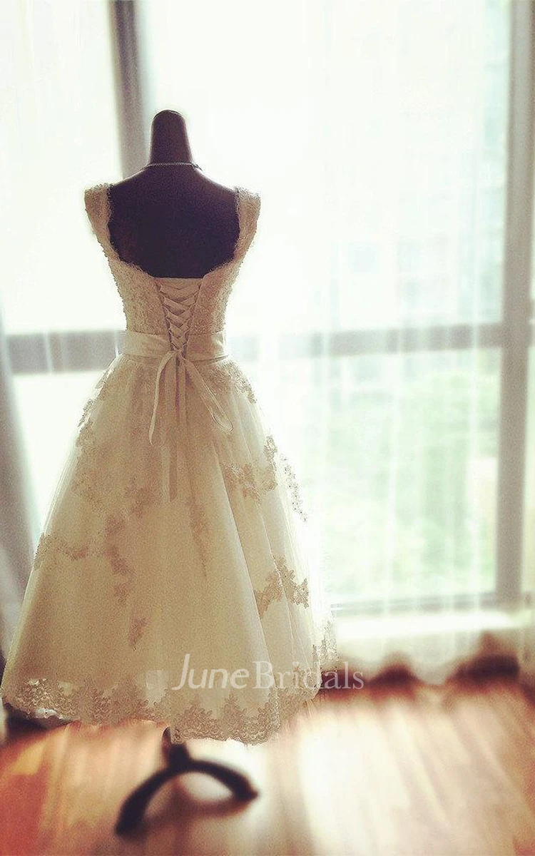 V-Neck Sleeveless Tea-Length Alce Wedding Dress With Beaded Waistband