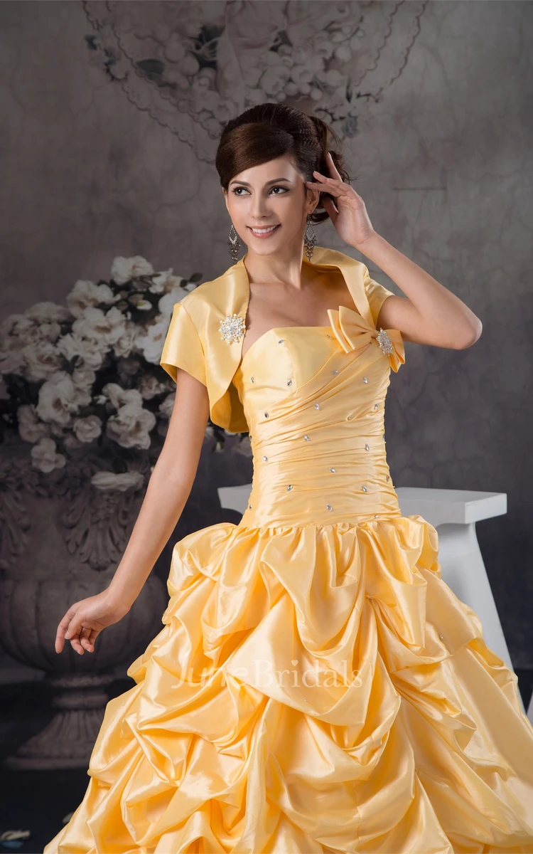 Strapless Ruched Pick-Up Ball Gown with Bow and Bolero