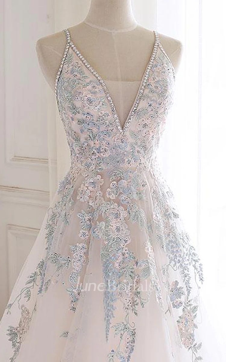 Ethereal Sweep Train Sleeveless Lace A Line Straps Evening Dress with Beading