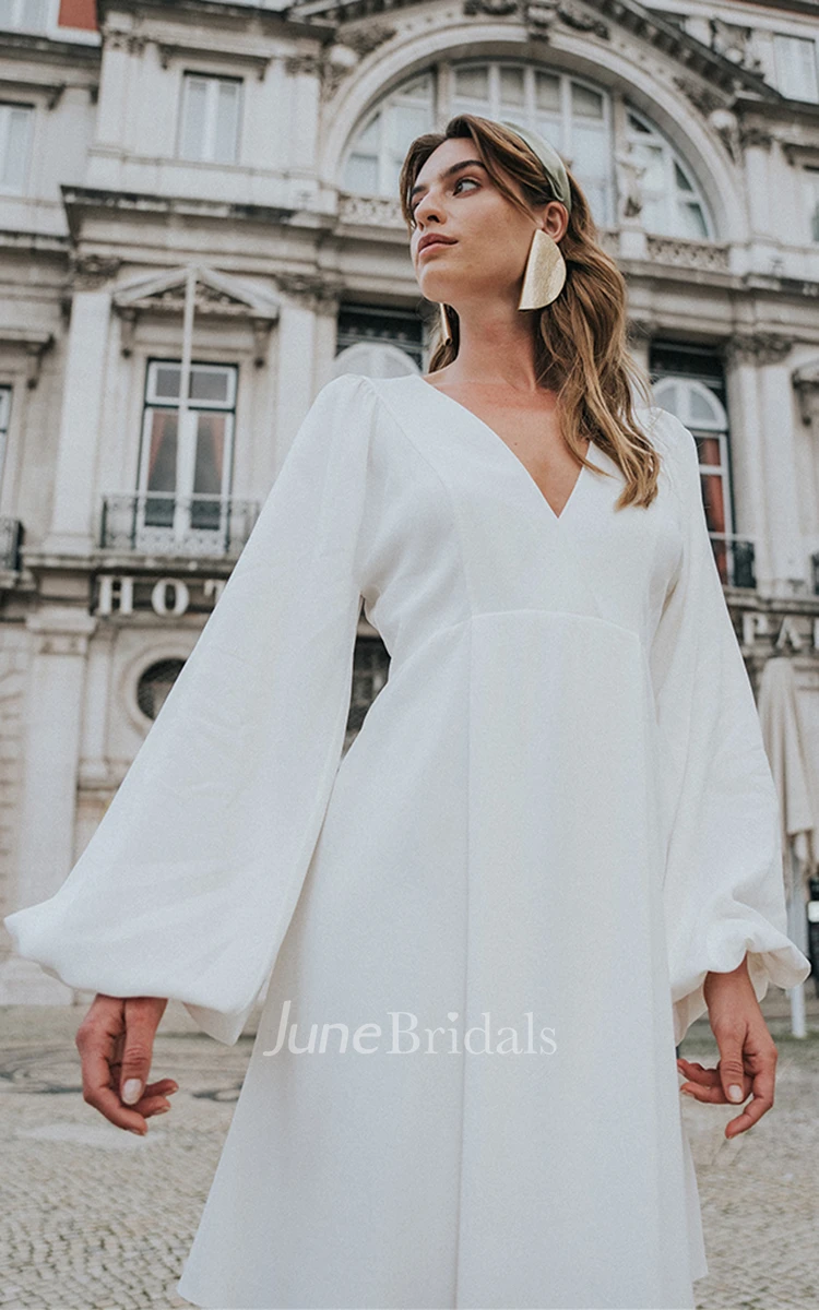 Vinatge Modest A-Line Long Sleeve Short Wedding Dresses with Sleeves Unique White Midi V-Neck Evening Prom Gown