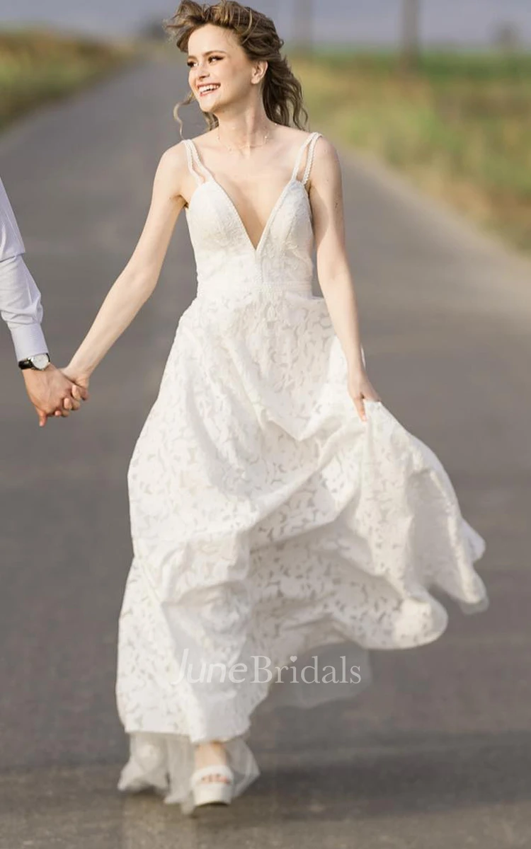 Elegant A-Line Plunging Neckline Lace Wedding Dress With Open Back