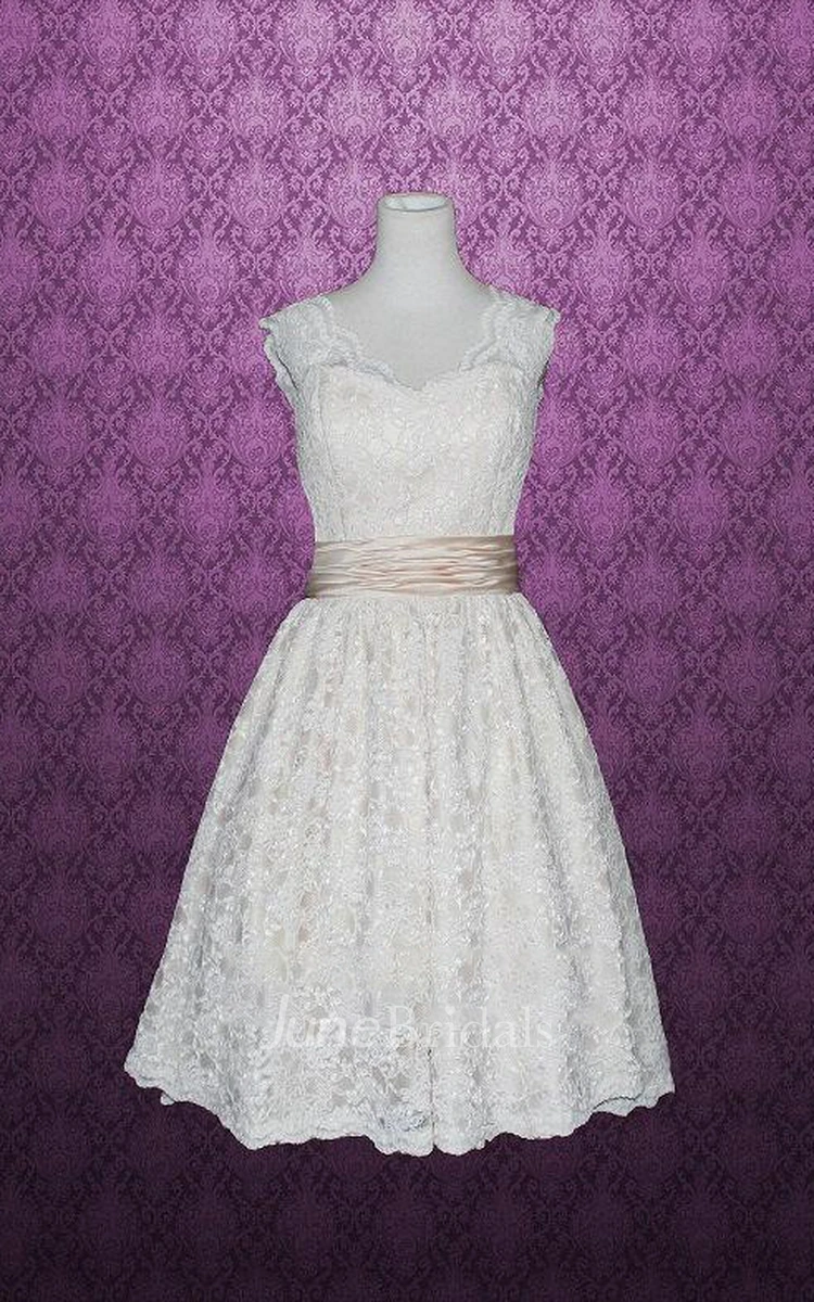 V-Neck Sleeveless Lace Wedding Dress With Sash And Low-V Back
