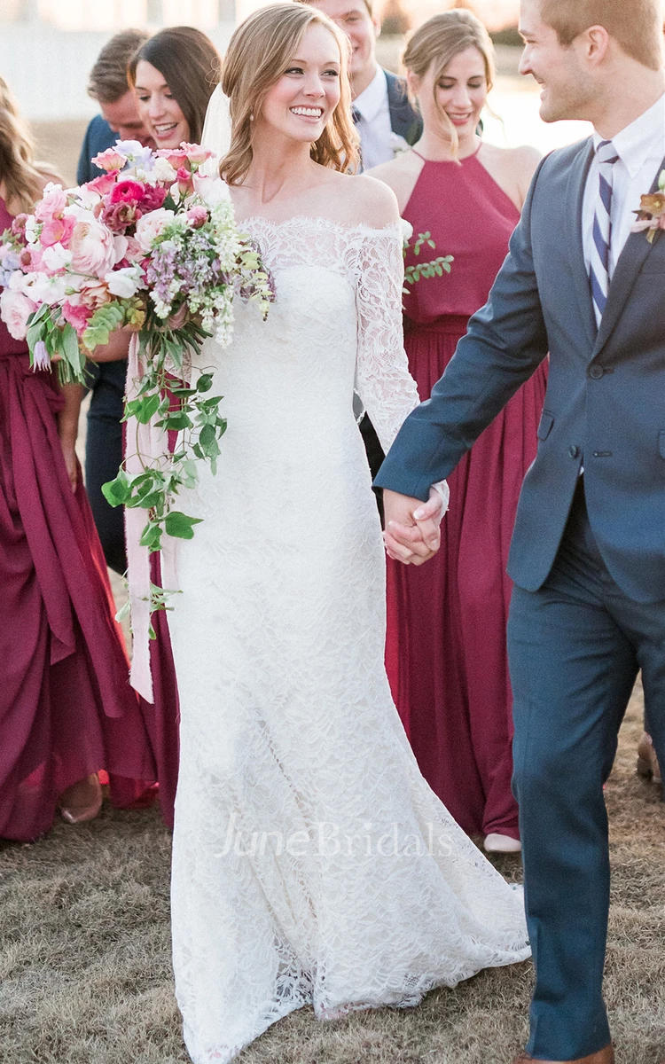 Casual Sheath Off-the-shoulder Sweep Train Long Sleeve Lace Wedding Dress