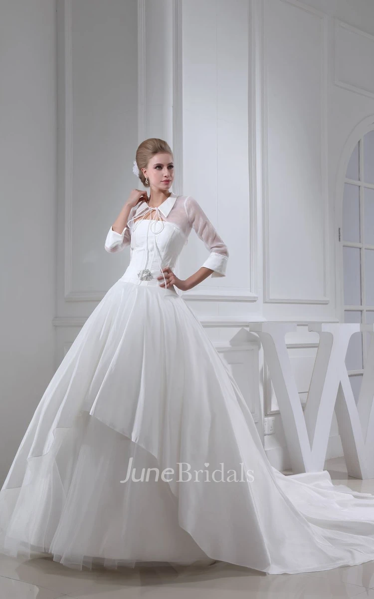 Noble Pleated A-Line Ball Gown With Collar and Illusion Sleeve