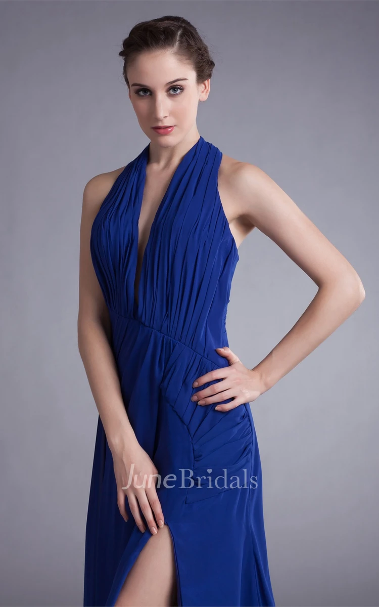 chiffon plunged sleeveless front-split dress with draping