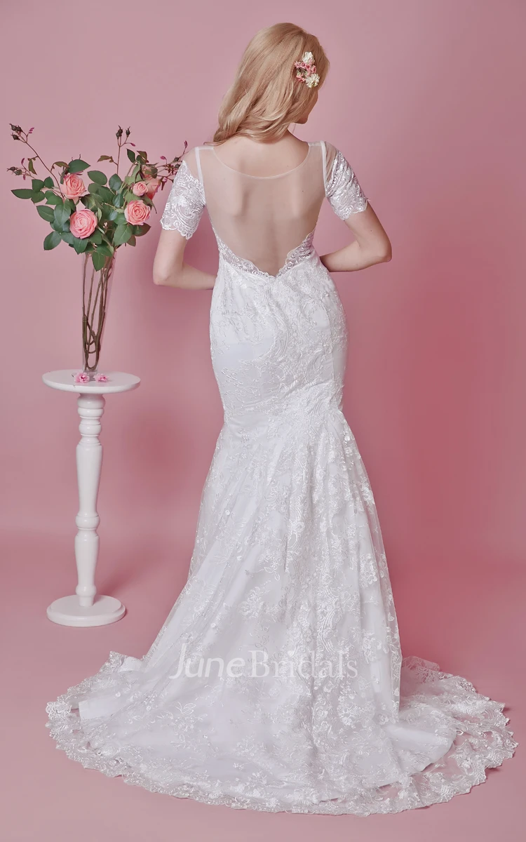 Short Sleeve Lace Trumpet Dress With Illusion Back