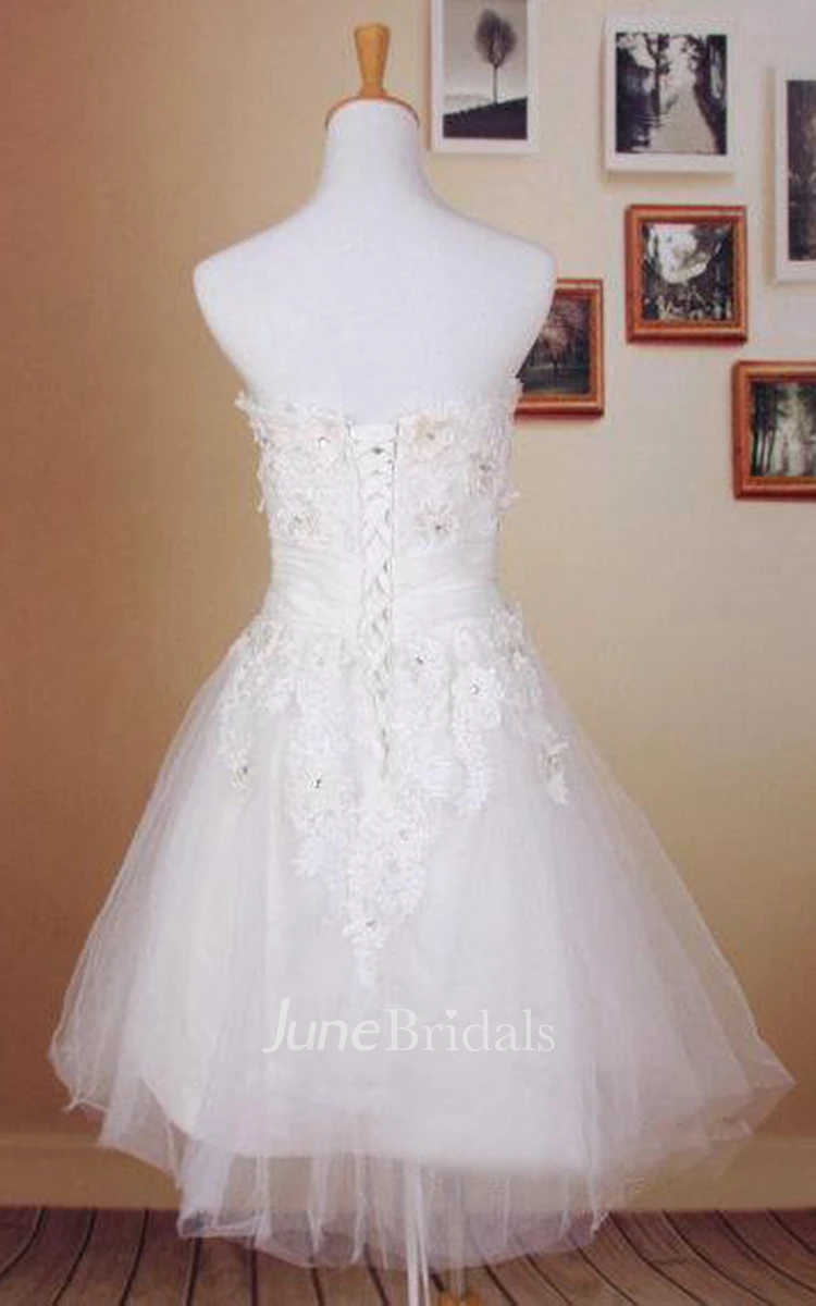 Beaded Short Tulle Wedding Dress With Lace Bodice and Straight Neckline
