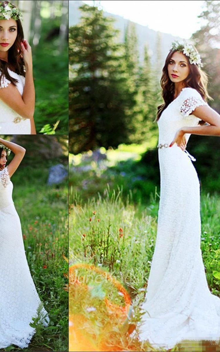 Vintage Country Modest Cap Sleeve Bohemian Crochet Lace A-line Wedding Dress with Beaded Belt