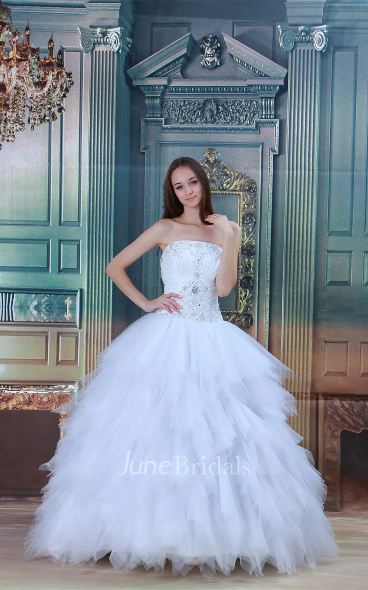 strapless a-line ball ruffled gown with rhinestone and ruching