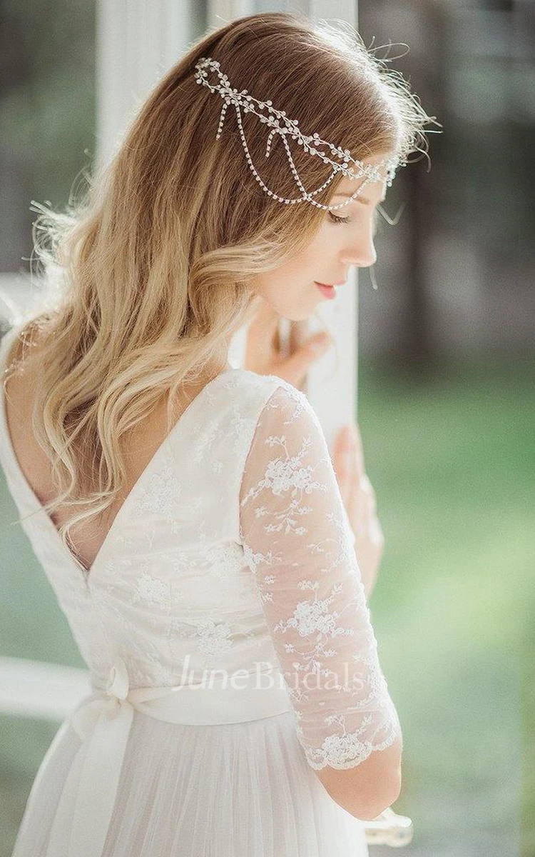 A-Line Tulle Lace Organza Satin Weddig Dress and Diamonds Branches Shine Aesthetic Hair Band